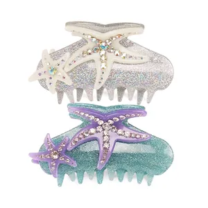 Summer Ocean Style Starfish Hair Claw Acrylic Large Rhinestone Shark Clip Glitter Hair Accessories For Women Daily Jewelry