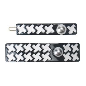 French retro houndstooth hair clip set with elegant black and white pattern and silver orb