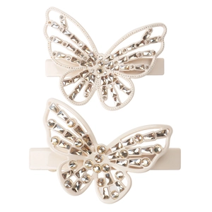 Exquisite French butterfly hair clips with champagne crystals on a clean white background