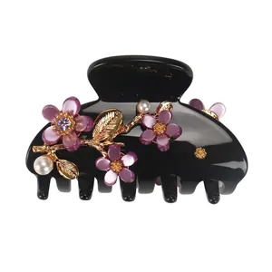 Acetate Flower Hair Claw Clip With Rhinestone Faux Artificial Pearl Golden Leaf Vintage Elegant Hair Accessories For Women Daily Party