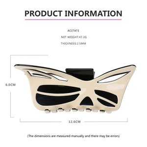 Detail showing dimensions of cream and black acetate butterfly hair claw clip