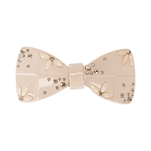 Elegant French style acetate bow hair clip with sparkling rhinestones in apricot finish