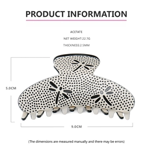 Detailed size specifications for acetate shark hair claw with dragonfly cut-out design