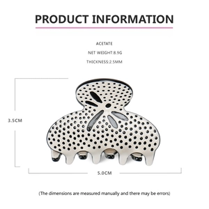 Detailed specs of polka dot acetate hair claw showing 5.0cm size and 8.9g weight