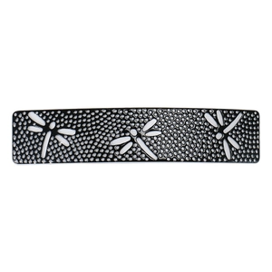 Vintage black acetate hair clip with white dragonfly patterns and hollow texture