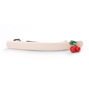 Barrette à cheveux rose en acétate style français avec cerise et feuille précieuse