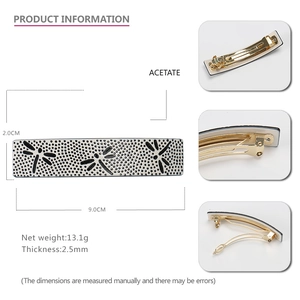 Vintage acetate spring hair clip with dragonfly pattern and dimensions 9x2cm