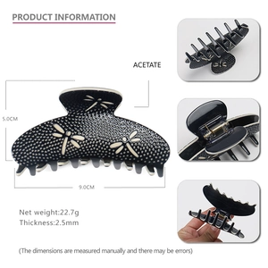 Detailed specs of 9cm acetate hair claw clip featuring elegant dragonfly and dot patterns