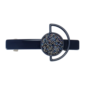 Retro deep blue hair clip with sparkling crystals and geometric design on white background