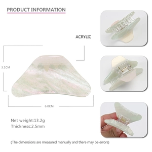 Detail view of pearlescent acrylic hair claw clip showing 6.0cm length and 3.1cm height