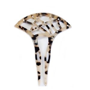 Retro fan-shaped hair comb with tortoiseshell pattern and sparkling rhinestones