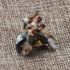 Close-up of a mini acetate hair claw clip with tortoise pattern and gold metal spring