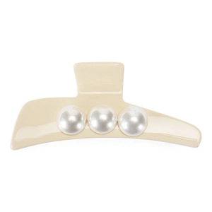 Detailed view of beige acetate hair claw clip featuring three elegant inset pearls