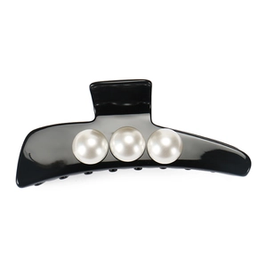 Elegant black acetate hair claw clip with three large white pearls for fine hair styling