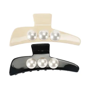 Large Acetate Hair Claw Clip With Artificial Pearls Elegant Glossy Shark Clip For Women Thick Thin Hair Daily Party Hair Accessories