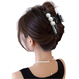 Elegant large black acetic shark clip with three large white pearls for hair styling