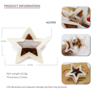 Detailed views of double-layer star hair claw clip showing 8.4cm dimensions and acetate texture
