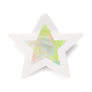 Detail of star-shaped hair claw featuring iridescent pearlescent inlay and white frame