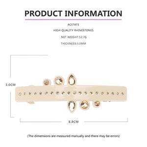 Spécifications détaillées de la barrette en acétate crème avec strass de haute qualité