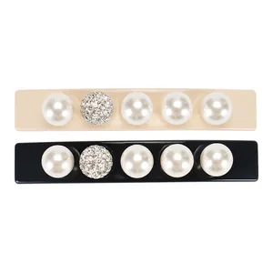Elegant Acetate Spring Hair Clip For Women With Imitation Artificial Pearl Rhinestone Ball French Style Rectangular Barrette Accessory
