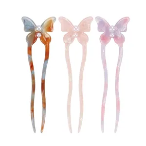 New Chinese Style Butterfly Acetate Hair Stick Elegant U Shaped Hair Pin With Artificial Pearl Accessories For Women Hair Styling