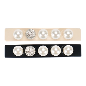 Set of two rectangle hair clips with white pearls and rhinestones in beige and black