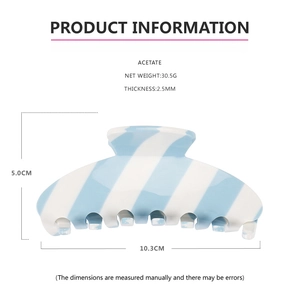 Detailed size and material guide for striped blue and white acetate large shark hair clip