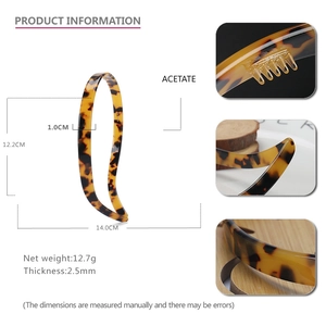 Tortoiseshell acetate headband with anti-slip teeth and detailed sizing measurements