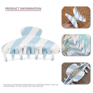 Large blue and white striped acetate hair claw clip for thick hair styling