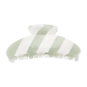 Detail view of large acetate claw clip featuring light green and white striped pattern