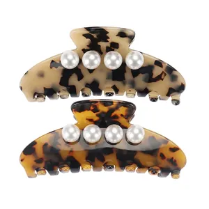 French Retro Acetate Hair Claw Clip Elegant Tortoiseshell Pattern Artificial Pearl Large Shark Clip For Women Hair Styling Accessory