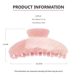 Detailed size chart for the large pink marble glitter acrylic hair claw clip with dimensions