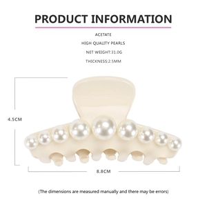 Detailed size specifications for pearl acetate hair claw clip showing 8.8cm width and 31g weight