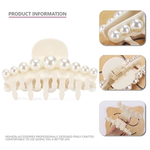 Elegant cream beige hair claw clip with faux pearls and metal spring mechanism
