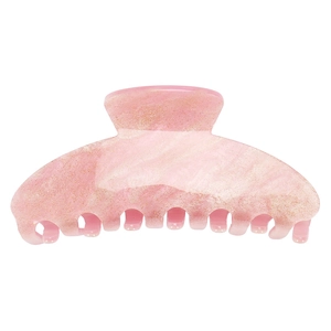 Detail of pink marble acrylic hair claw with gold glitter and strong metal spring