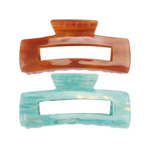 Set of two large 14cm rectangular acetate hair claws in amber brown and mint green marble