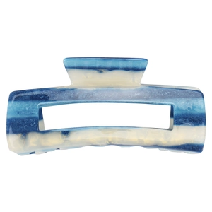 Detailed macro view of 14cm blue marble acetate hair claw clip with hollow rectangle design