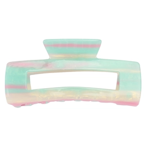 Macro view of 14cm acetate rectangle hair claw with mint green and pink marble texture