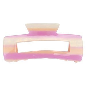 Close-up of a 14cm hollow rectangle hair claw clip with purple and orange acetate stripes