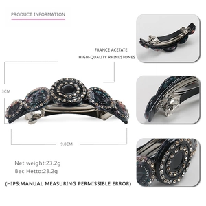 Detailed view of acetate hair clip with rhinestones, including dimensions and back spring clip