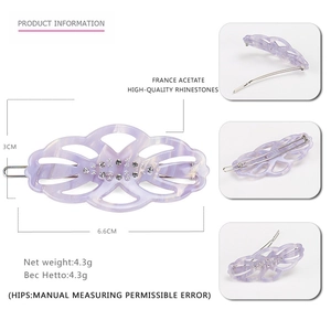 Elegant lavender marble acetate leaf hair clip with rhinestones and spring clamp