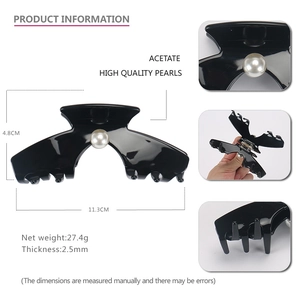 Elegante pinza per capelli in acetato nero con perla e forma a farfalla da 11,3 cm
