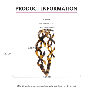 Detailed size specifications of tortoiseshell acetate hollow headband with 2.5mm thickness