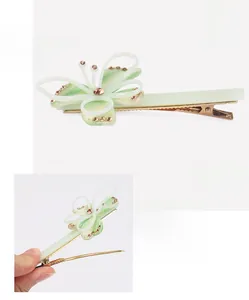 Détail d'une pince à cheveux papillon en acétate vert clair avec strass et clip crocodile