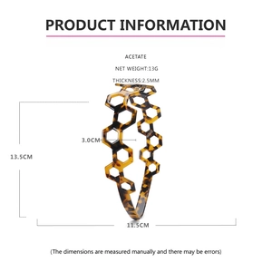 Detailed dimensions of tortoise acetate headband featuring hexagonal honeycomb cutout pattern