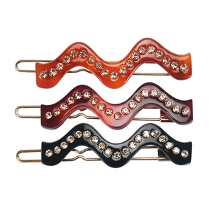 Lot de 3 barrettes à cheveux ondulées en acétate avec strass brillants en ambre, brun et noir
