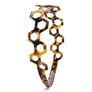 Detailed view of tortoise shell headband with geometric honeycomb hollow pattern