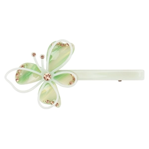 Détail macro d'une pince à cheveux papillon en résine marbrée verte et strass