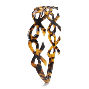 Detailed side view of tortoise shell acetate headband with hollow bow patterns