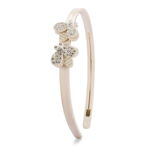Close-up of cream acetate headband with shimmering rhinestone bee embellishments